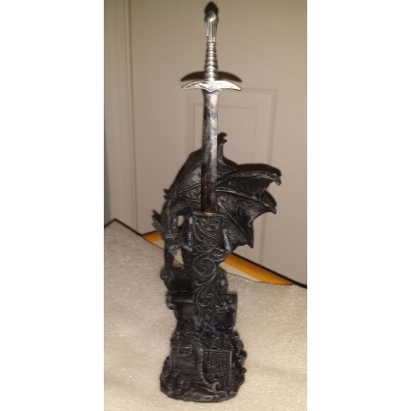 Dragon guarding treasure with sword letter opener Statue. - Picture 3 of 10